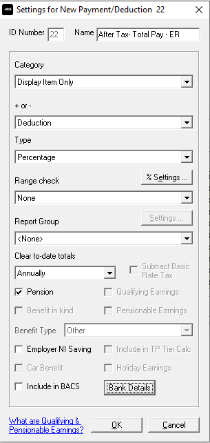 Settings for payment/deduction screen